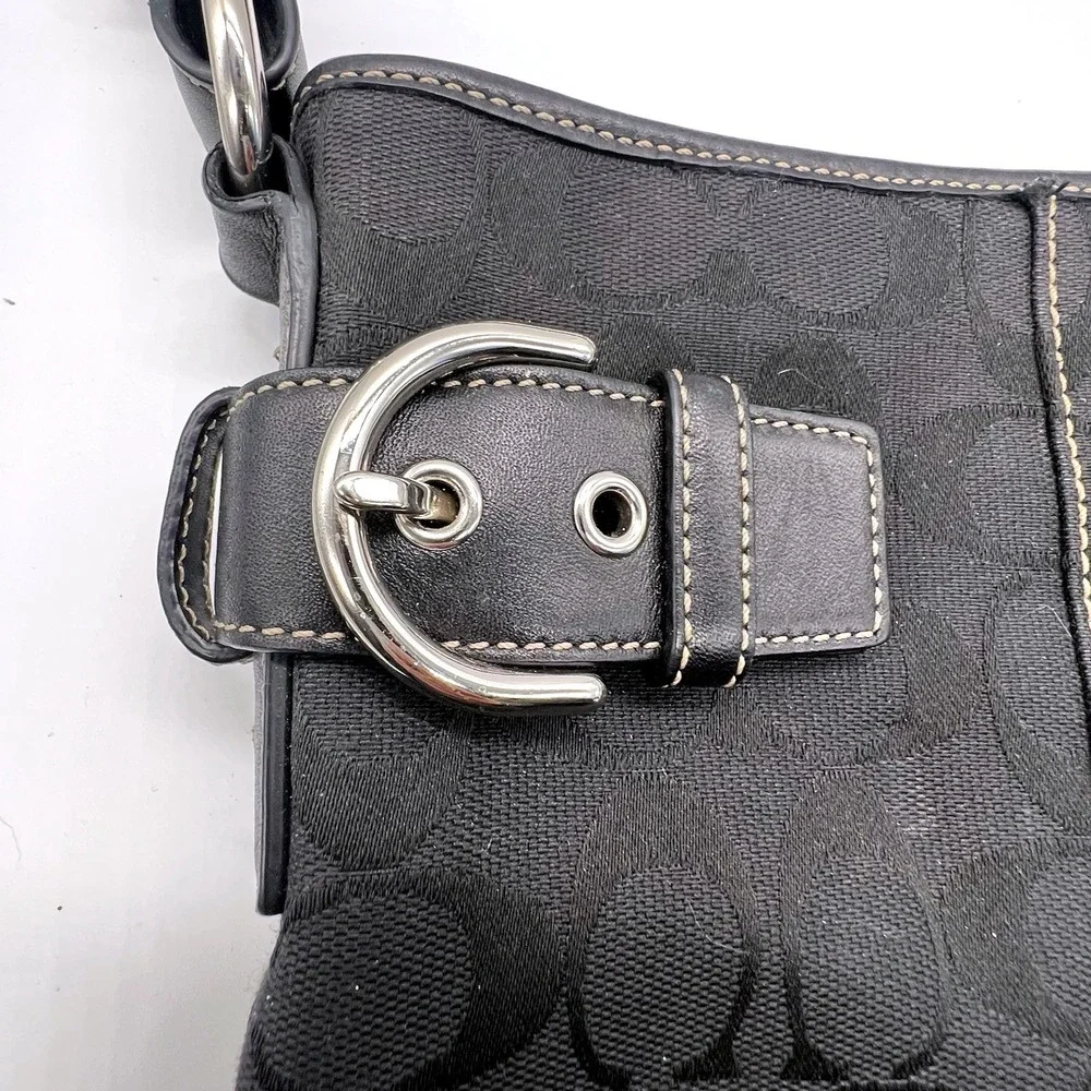 Coach Signature Jacquard Black Fabric‎ With Leather Shoulder Bag Hobo J05M-3577